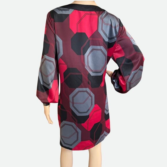 Womens Size XL Satin Dress Geometric Print Poet Sleeves Button Detail Mixit Mod - Picture 2 of 10